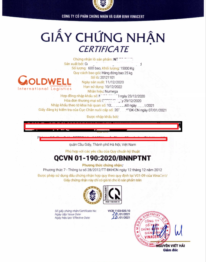 Chứng nhận hợp quy nguyên liệu thức ăn chăn nuôi nhập khẩu 2